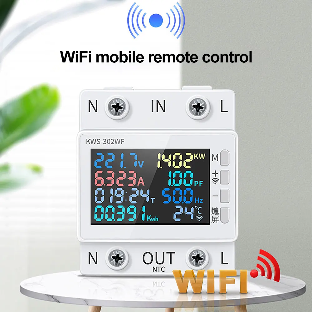 Medidor de Energia Wifi com Tela Colorida Multi-função Energia ac Telefone Celular Controle Remoto App em Kws302wf Ac170-300v 63a 2p