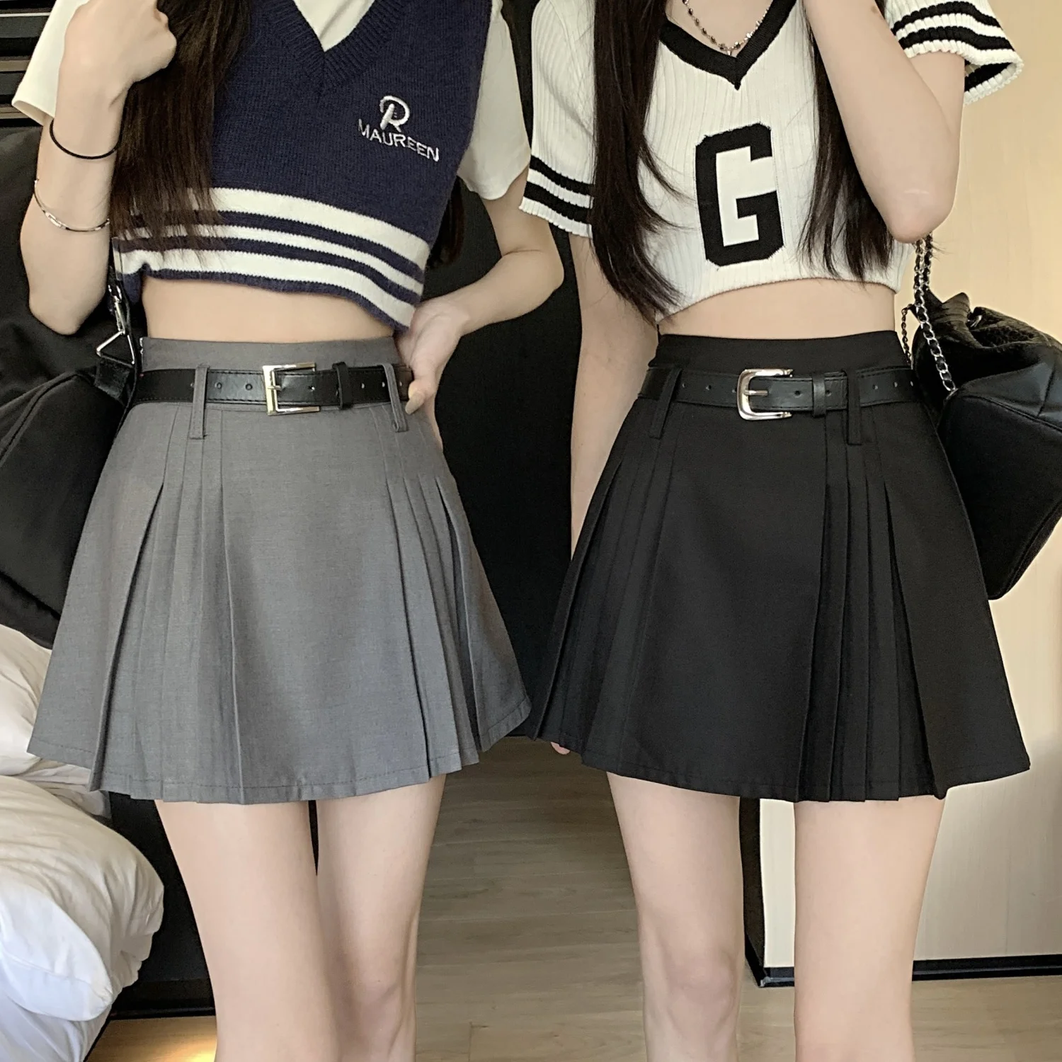 2024 Summer Minimalist Pleated Belt Half Skirt Spicy Girl Versatile Korean Version High Waisted Slimming A-line Skirt for Women