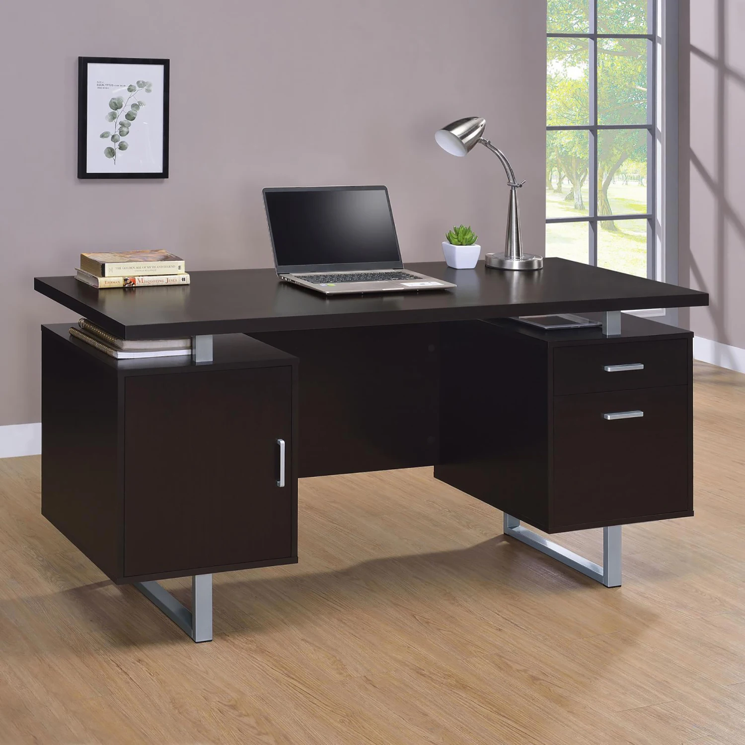 

Elegant Cappuccino Floating Top Office Desk with Two Spacious Drawers for Organizing Essential Supplies in Style desk