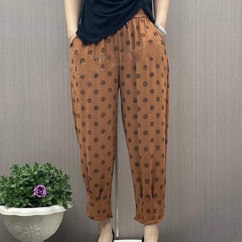 Summer Women's 2024 Spliced Loose High Waist Elastic Pocket Polka Dot Folds Fashion Slimming Tian Si Ma Casual Harlan Pants