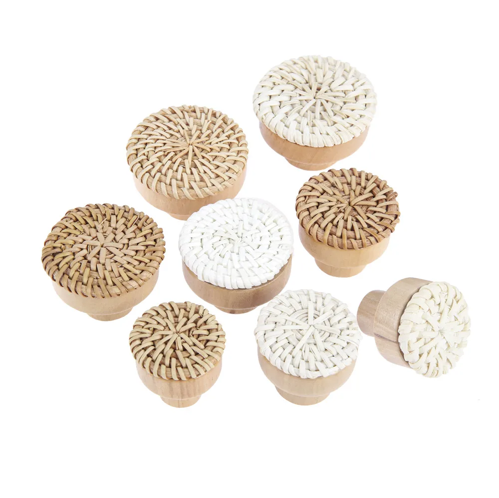 2pcs Rattan Knob w/screws Woven Wicker Round Wood Handle Furniture Pull 30/35/40/45mm White Coffee Cabinet Drawer Kitchen Bath