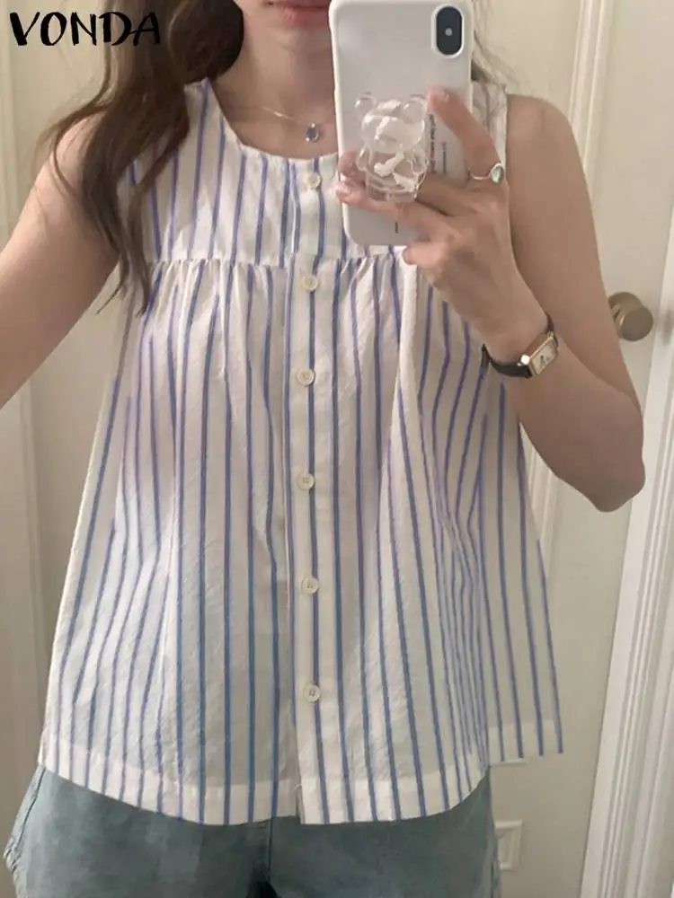

VONDA Vintage Sleeveless Striped Shirts 2023 Summer Fashion Women Tunic Top Buttons Round Neck Casual Loose Pleated Blusas Femme