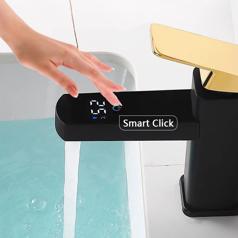 Digital Basin Faucet Touch Button Hot Cold Water Temperature LED Black Gold Washbasin Bathroom Smart Mixer Valve Tap Accessories