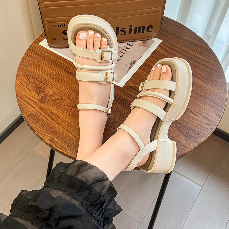 2024 new Women Pin Buckle Platform Shoes Slingback Metal Buckle Thick Bottom Ladies Flat Bottom One Buckle Platform Sandals