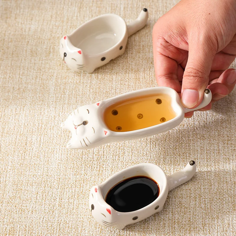 1/2 Pcs Kitchen Ceramic Dipping Bowls Seasoning Plate Cute Animal Cat Shape Tableware