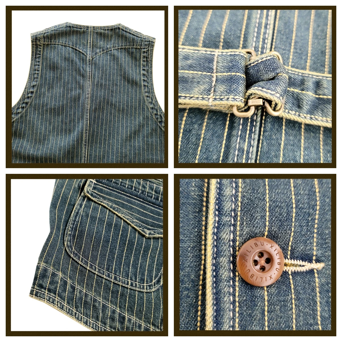 Men's Striped Denim Vest V-neck Slim Fit Western Classic Style Waistcoat 6