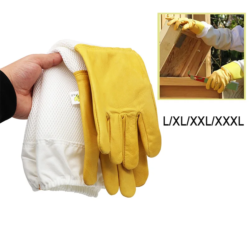 Guantes de apicultura, mangas protectoras, malla amarilla transpirable, piel de oveja blanca y tela para apicultura, guantes de Apicultura