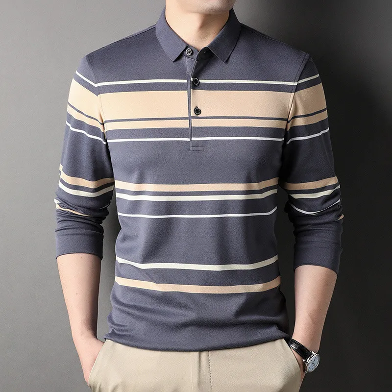 

2023new Fashion Cotton Men Polo Shirt Long Sleeve Autumn and Spring Striped Polo Shirt for Man Korean Style Clothing Tops