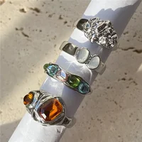 2024 New Tide Individuality Retro Geometric Hollowing Inlay Gem Rings SetLiquid State Metal Four-Piece Rings Set Paty Jewelry - Image 2