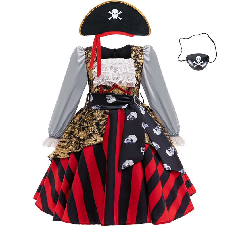 Children's Halloween Pirate Cosplay Costume 2025 Girls Fashion Color Block Lace Skirt Carnival Birthday Stage Costume