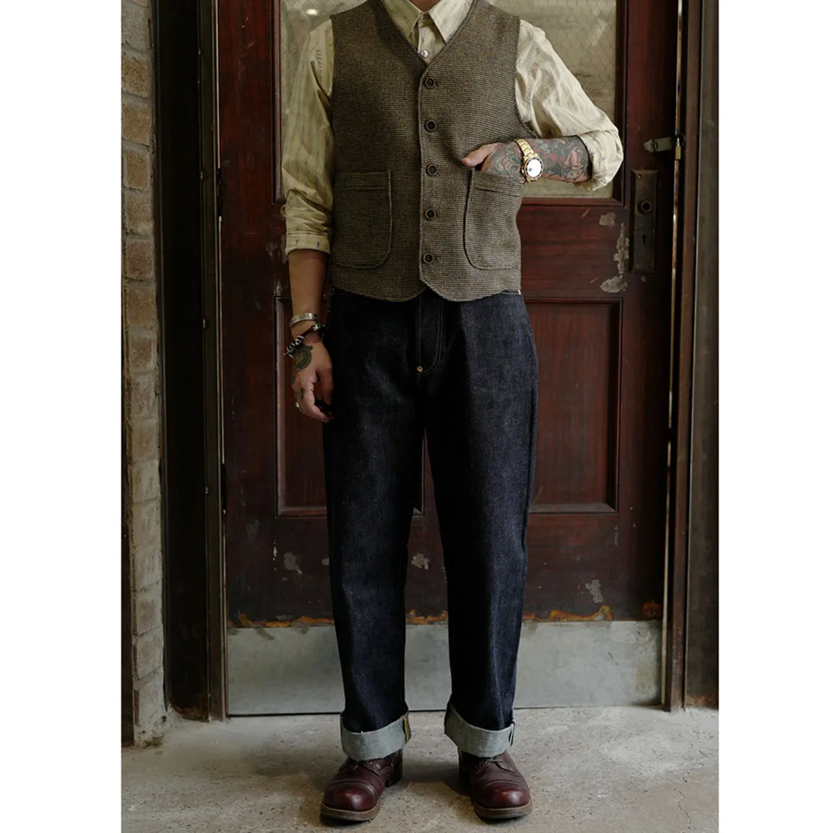 2024 Men's Vest Classic Steampunk Suit Wool Tweed Notch Lapel Waistcoat Thick Tweed Coffee Thousand Bird Grid Coat For Wedding