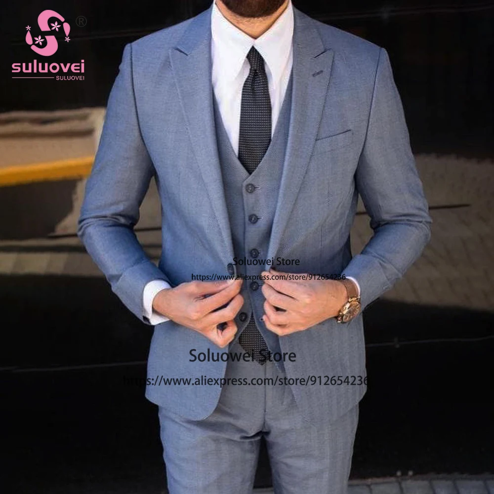 Fashion Blue Suits For Men Slim Fit 3 Piece Jacket Vest Pants Set Male Business Blazer Formal Groom Wedding Peaked Lapel Tuxedo