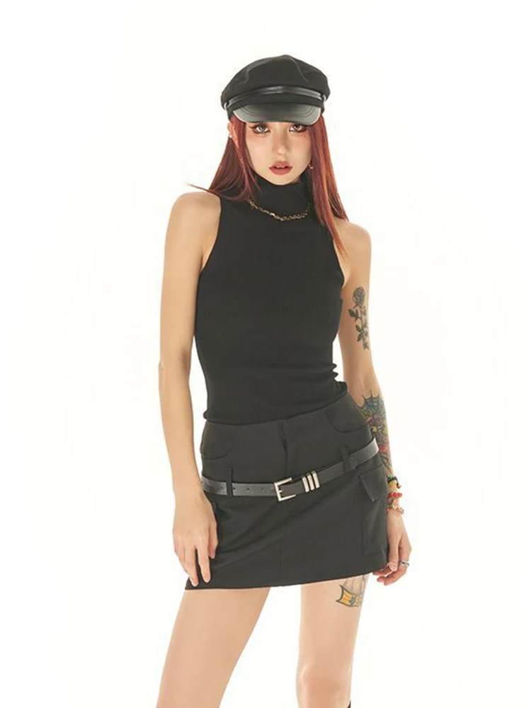 Turtleneck Knitted Tank Top for Women's Summer Sleeveless Elastic Sexy Slim Basic Tops Streetwear