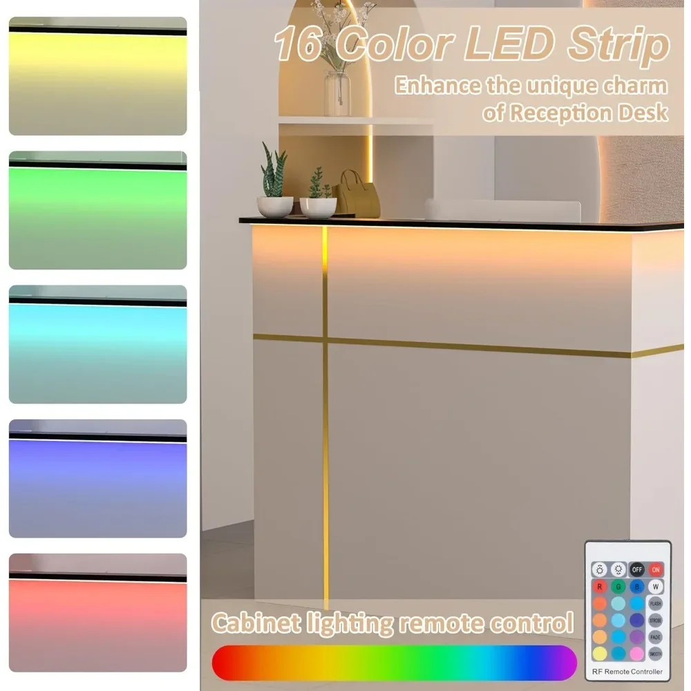 Reception Desk with Counter, Modern Front Table Equipped Lockers & Storage Shelves, 50-inch Checkout Counter with LED Lights 5