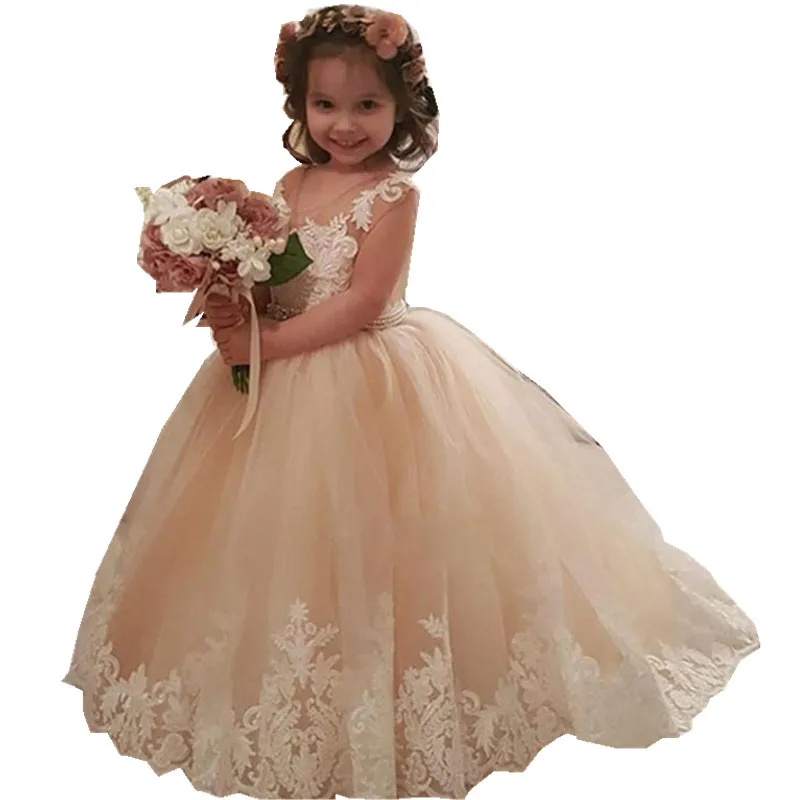 

White Lace Flower Girl Dresses Vneck Sash Tulle Pageant First Communion Dress Prom Ball Gown Princess Baby Girl Party Dresses