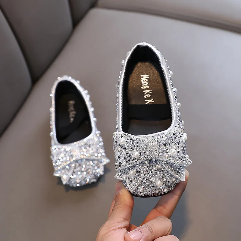 Children's Flats Kid's Single Shoes Fashion Girls Pink Rhinestone Bow Silver Princess Shoes for Students Baby Party girls shoes girls flats