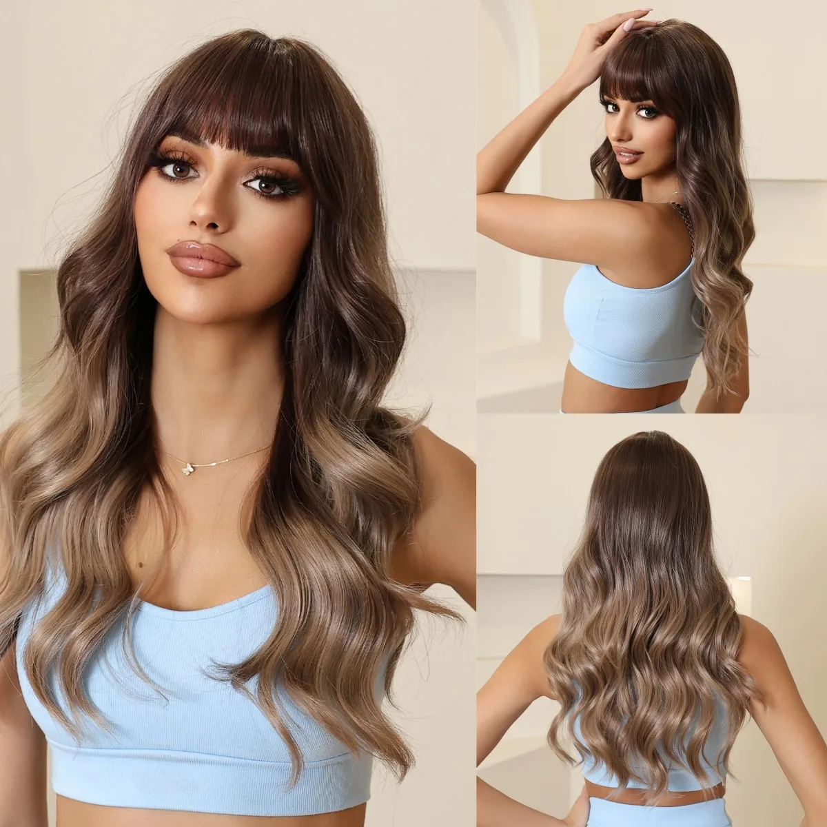 

Chocolate Golden Brown Ombre Synthetic Long Wavy Wig with Bangs Cosplay Party Use Women's Wigs Heat Resistant Natural Wave Hair