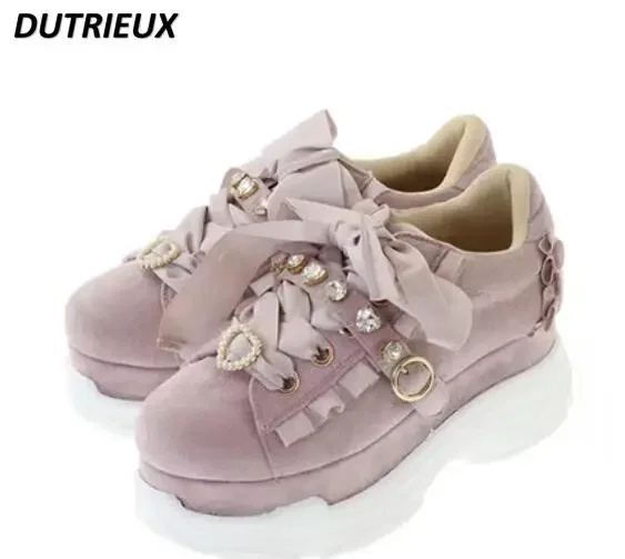 

Japanese Lolita Autumn New Peach Heart Pearl Lace Up Casual Platform Sports Shoes Women Students Thick Bottom Soft Sweet Shoes