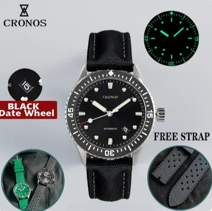 

Мужские часы Cronos Sea Diver C3 Lum, выпуклые автоматические мужские часы NH35 200 м, водонепроницаемые вращающиеся, с керамическим ободом и кожаным ремешком