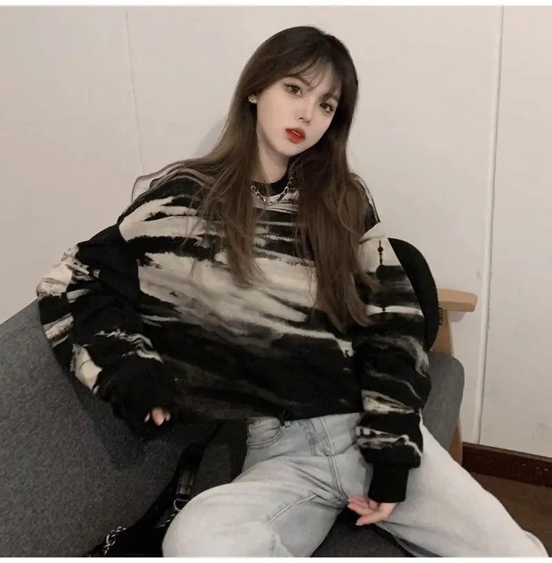 Women Sweatshirt Korean Tie-Dye Drawable Short Long Sleeve Top Spring Fashion Streetwear Female Crop Tops New
