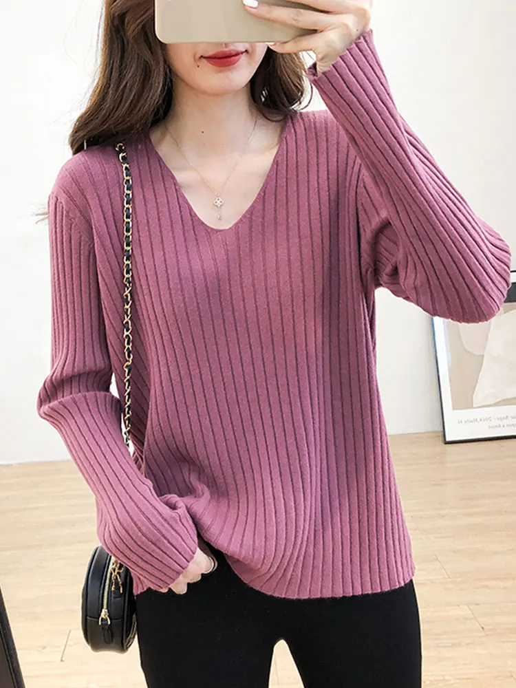 

Autumn Winter Sweaters Mujer Basic Ribbed Solid Pullover Sweater Women V Neck Long Sleeve Top Casual All-match Pull Femme Tops