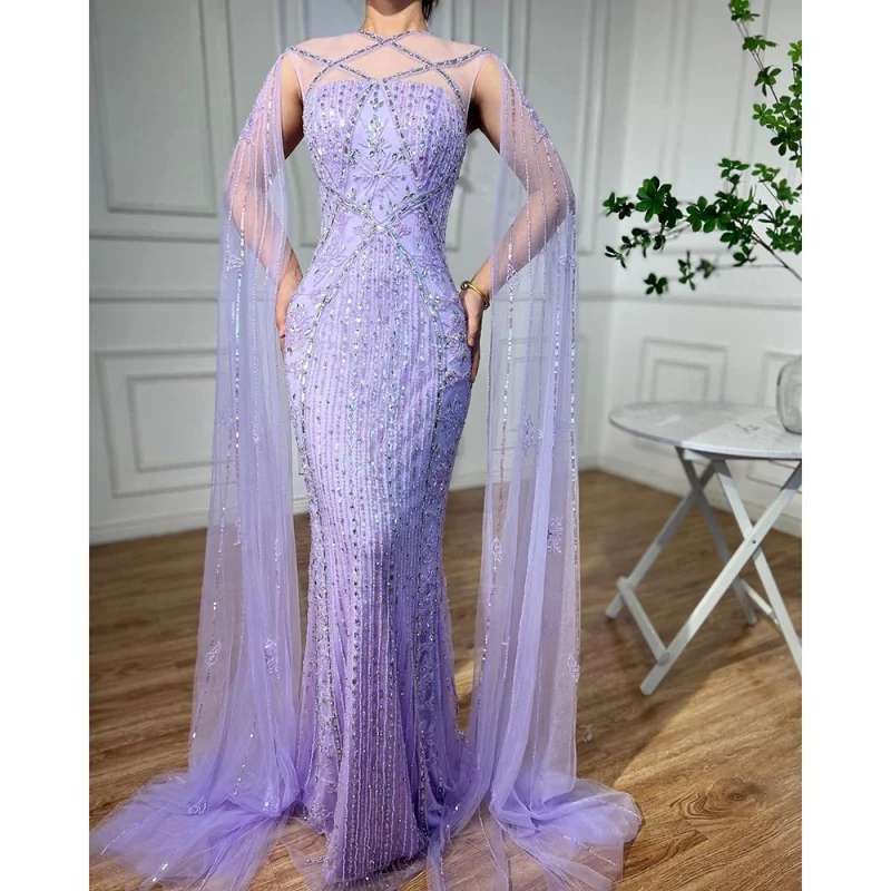 

Turquoise Color Mermaid Cape Sleeves Beaded Evening Dresses Customized OEM/ODM Elegant Party Gowns 2023 For Women