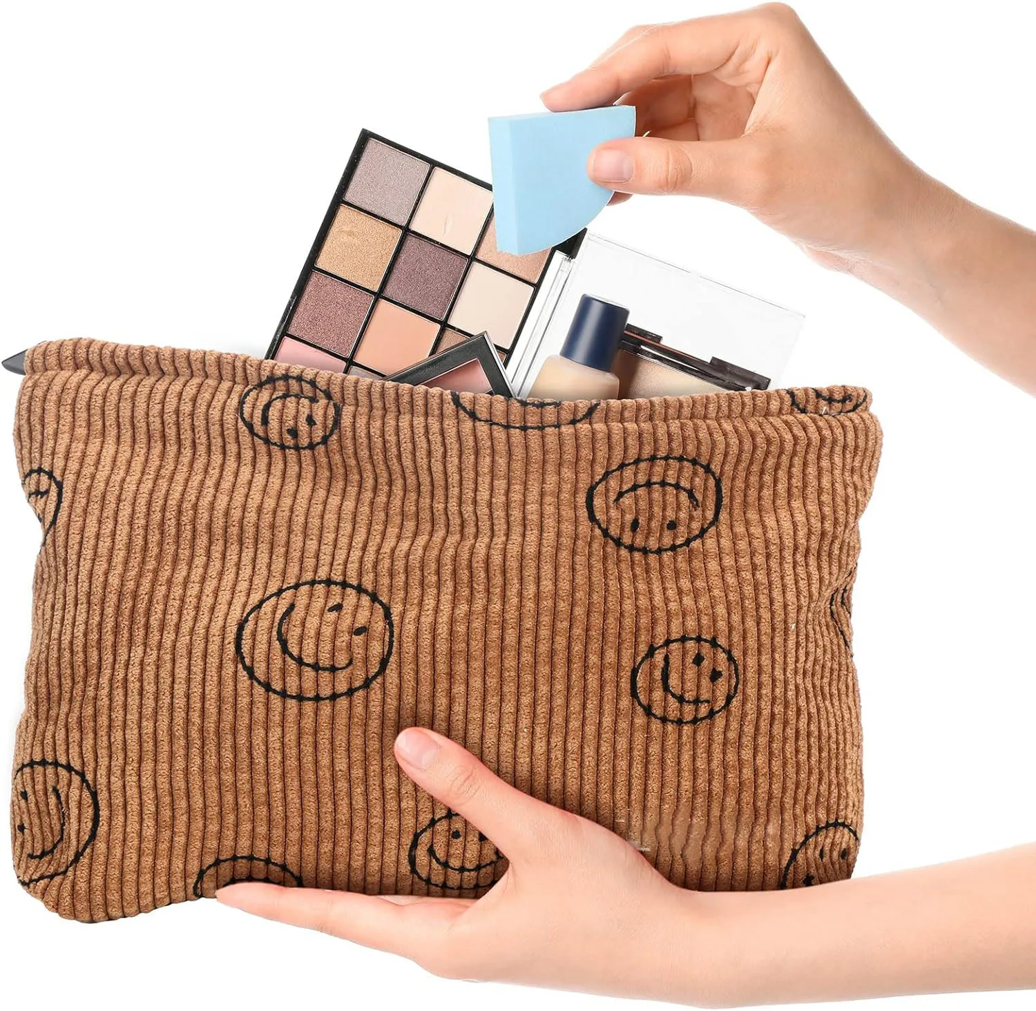 Makeup Bag For Women - Corduroy Cosmetic Bags Aesthetic Design Ladies Tote Bag, Cute Smiley Face Makeup Organizer with Zipper 6