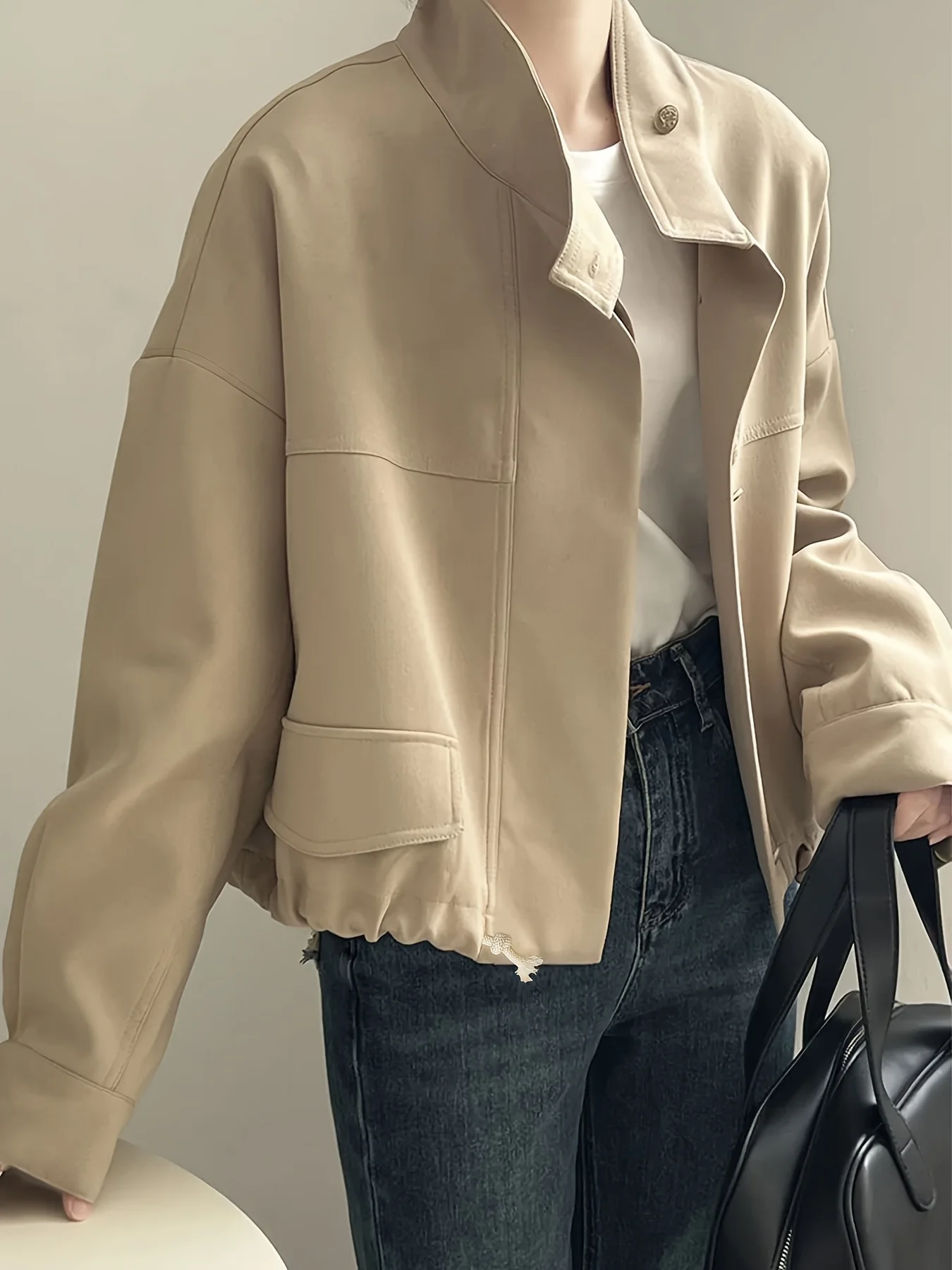 Damen Khaki Oversize-Jacke mit Stehkragen Lässige Kurze Oberbekleidung