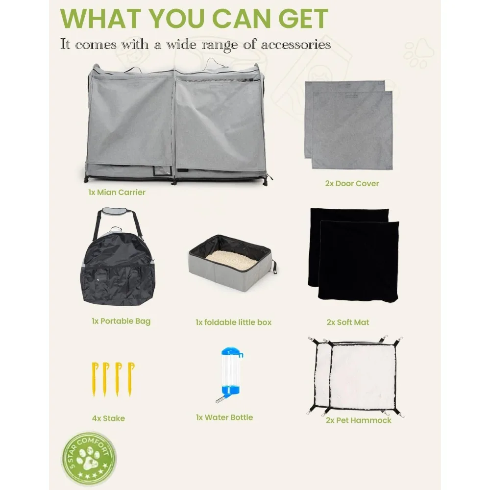 Portable Dual-Section Cat Enclosure with Travel Carrier, Cozy Dog Crate with Carry Bag, 2 Hammocks and Mats & Collapsible