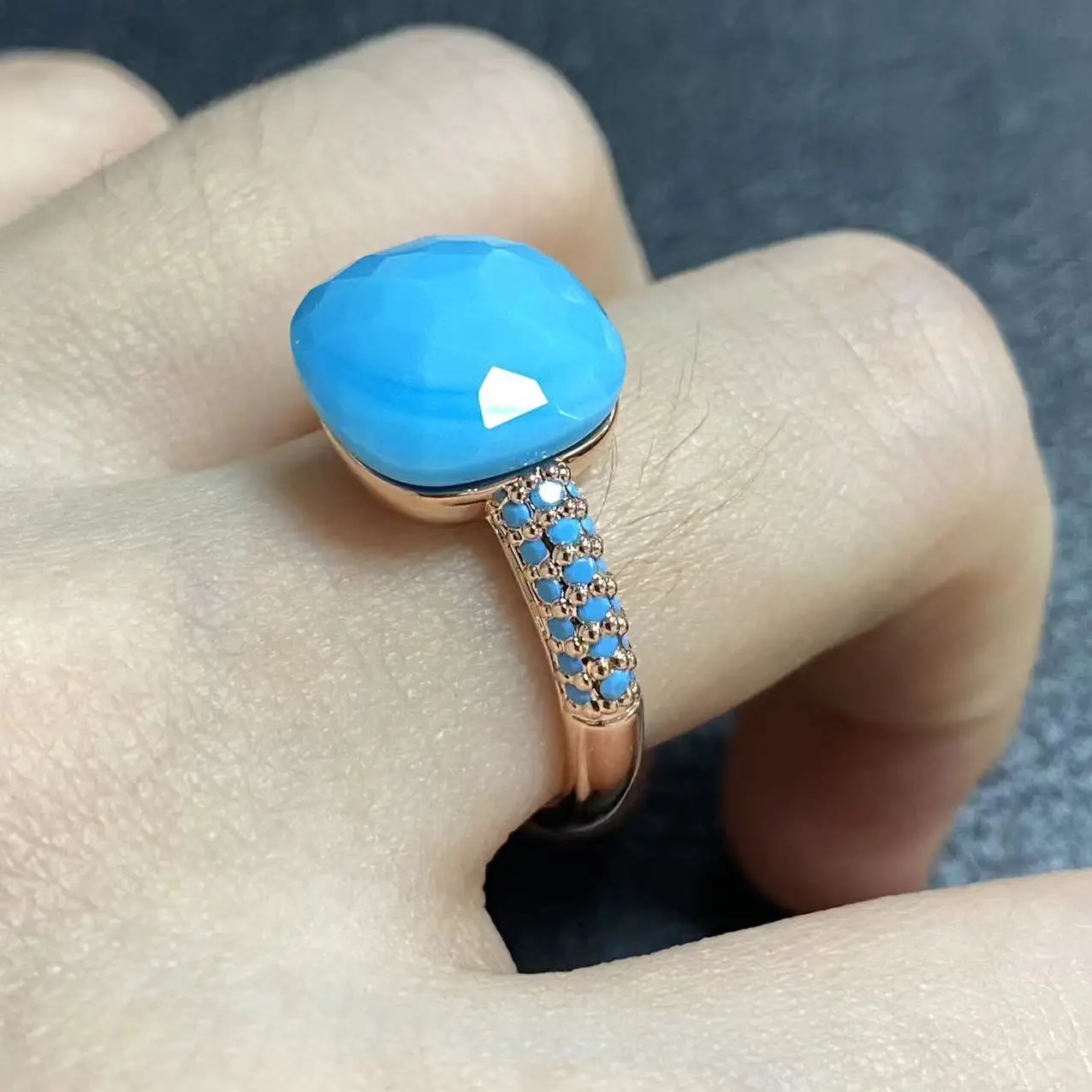 

12.6mm Pomellato Ring Inlay Turquoise Zircon Rose Gold Plated Flat Turquoise Ring For Women Party Fashion Jewelry Gift
