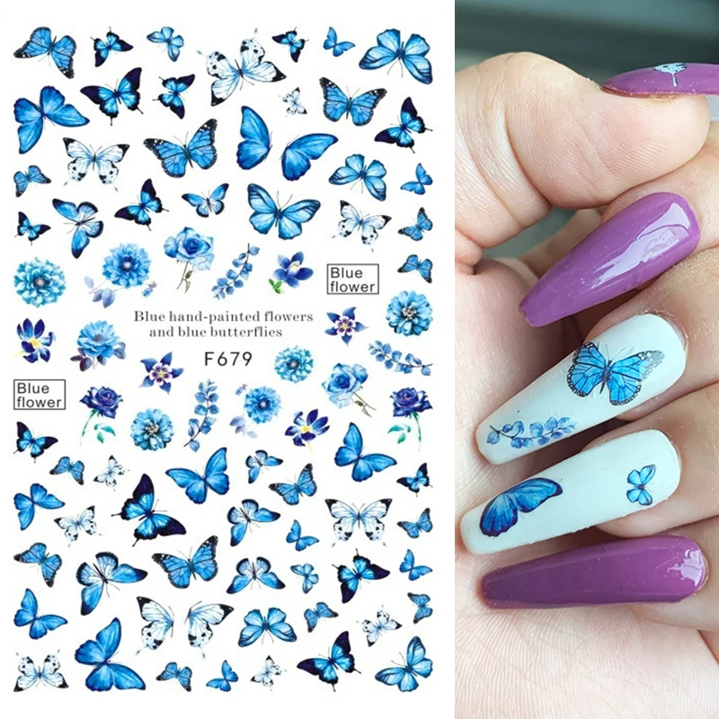 3D Blue Butterfly Adhesive Stickers for Nail Art Decoration - Laser Flower and Leaf Design