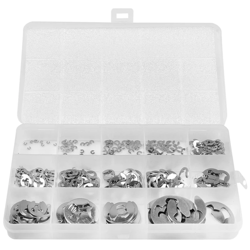 290Pcs/Set E Clip Circlip Washer Assortment Kit Stainless Steel 1.2-15 Mm External Retaining Ring Clip For Pulleys Shaft
