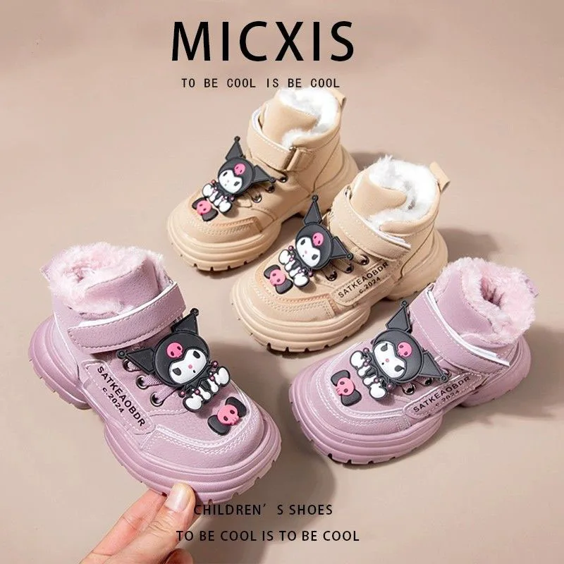 

New Kawaii Sanrio Kuromi Anime Warm Cotton Shoes Cute Cartoon Sweet Winter Plus Cashmere Baby Snow Boots Lovely Gifts for Kids