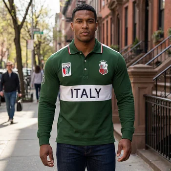 Polo da Uomo Europa Italia Manica Lunga Casual Cotone di Alta Qualità Ricamo Lussuoso Cuciture a Contrasto Design Originale