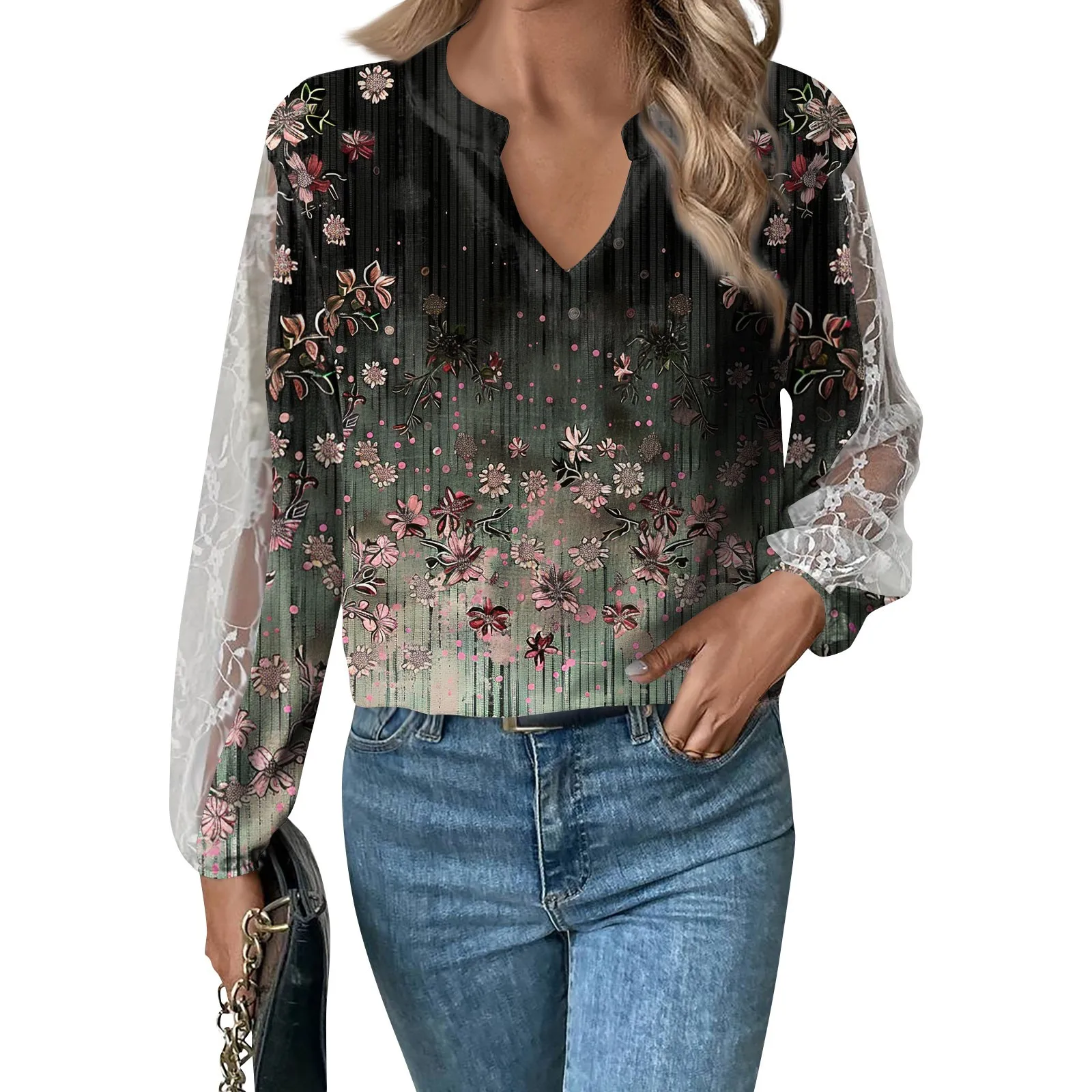 

Length Sleeve Womens Tops Casual Loose Fit V-neck T Shirts Cute Print Lace Sleeve Tunic Tops 한국인 리뷰 많은 옷