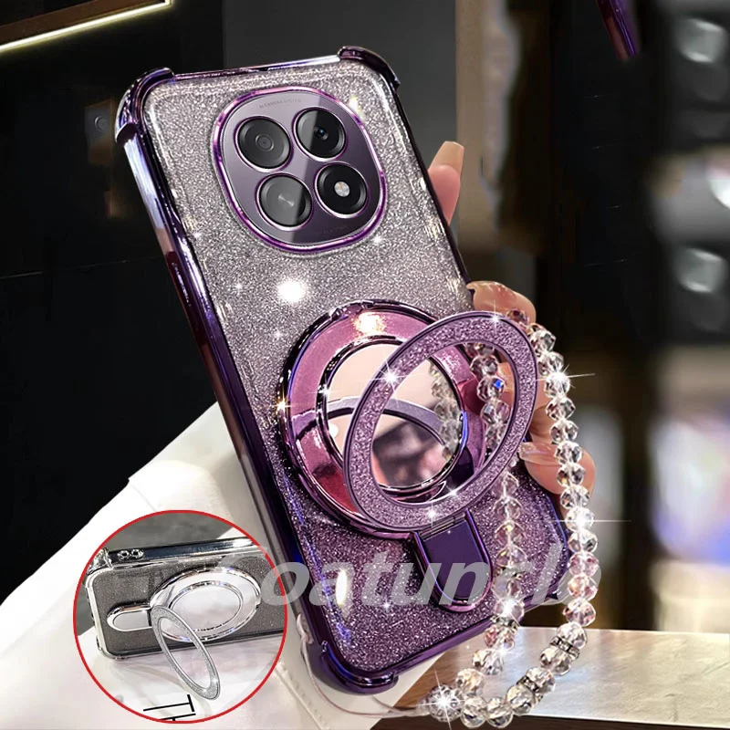 Glitter Plating Mirror Phone Case with Magnetic Holder and Bracelet Cover