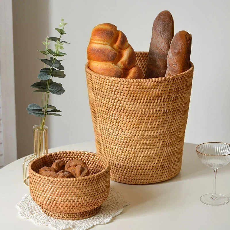 

Handwoven Rattan Basket,Round Storage Bucket,Bread and Fruit Storage Baskets,Household Desktop Sundries Organizer,Plant Basket