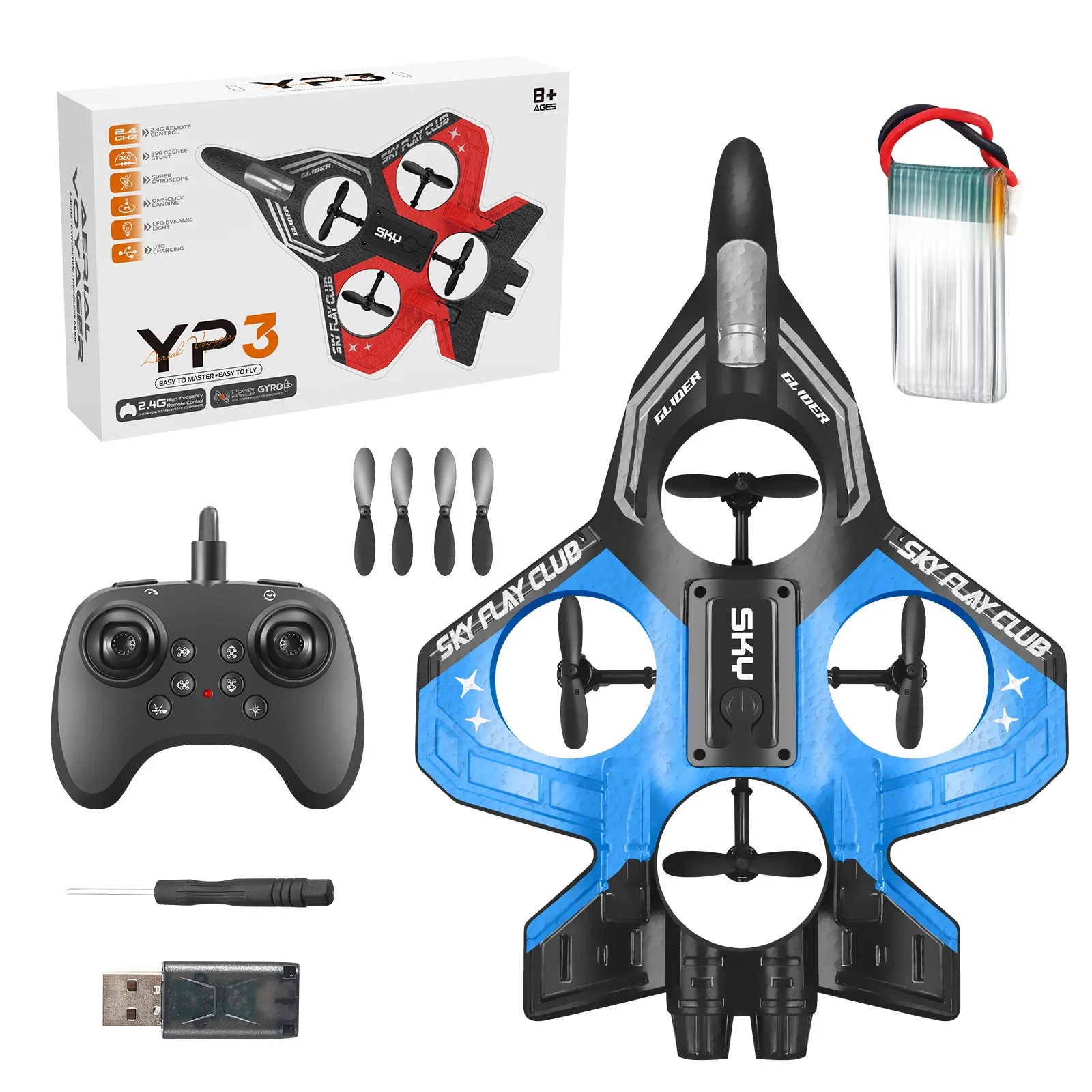 Avion RC télécommandé 2.4GHz, 3 canaux, vol stationnaire, 6 axes, stabilisateur gyroscopique, LED lumineuses