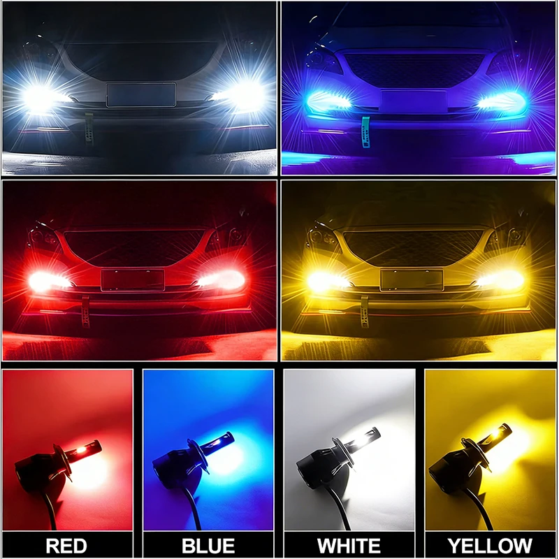 4900W H7 LED 헤드라이트 4색 H4 H8 H9 H11 LED 자동차 램프 레드 화이트 옐로우 블루 COB 칩 터보 팬 9005 9006 HB3 HB4 9012 Hir2