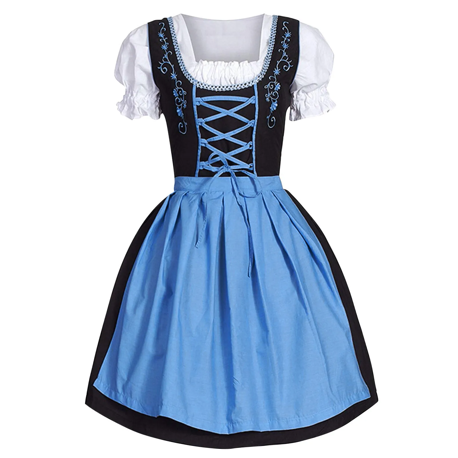 

German Beer Festival Women Dress Square Neck Puff Sleeve Drawstring Bandage Apron Oktoberfest Munich Cosplay Maid Lolita Costume