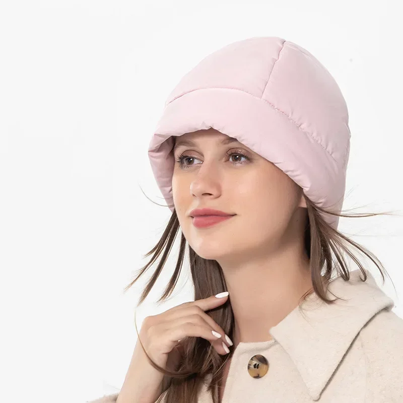 Fashion Quilted Fluffy Down Beanies Hat Outdoor Warm Lightweight Ear Protection Cold Hat Winter Hood New Women Pullover Skullies 3