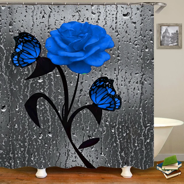 Rose Flower Shower Curtain Set Non-Slip Rugs Bath Mat Toilet Lid Cover and 12 Hooks Waterproof Polyester Bathroom Decor K-1PC Shower Curtain