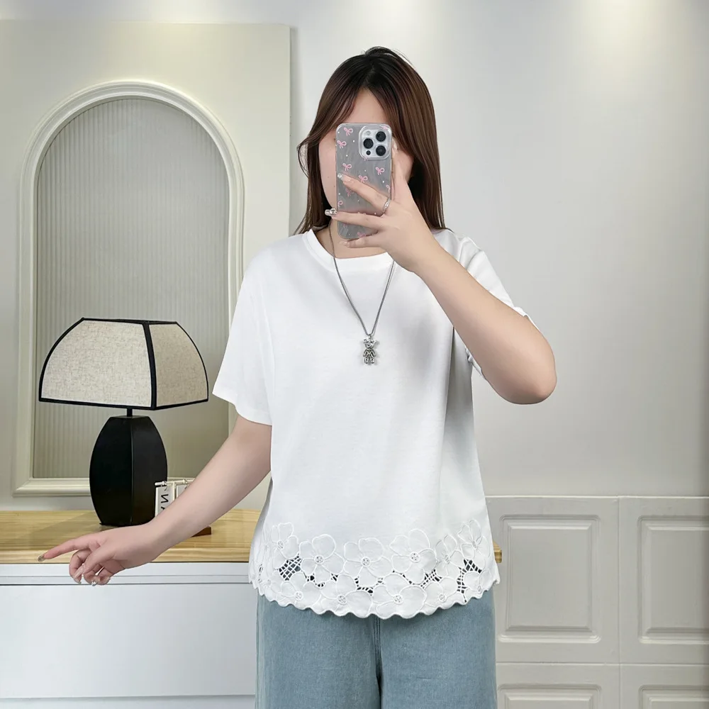 2025 Summer Top New Fashion Hem Lace Flower Patchwork Short Sleeve Tees 100KG Plus Size Women T-shirt 727