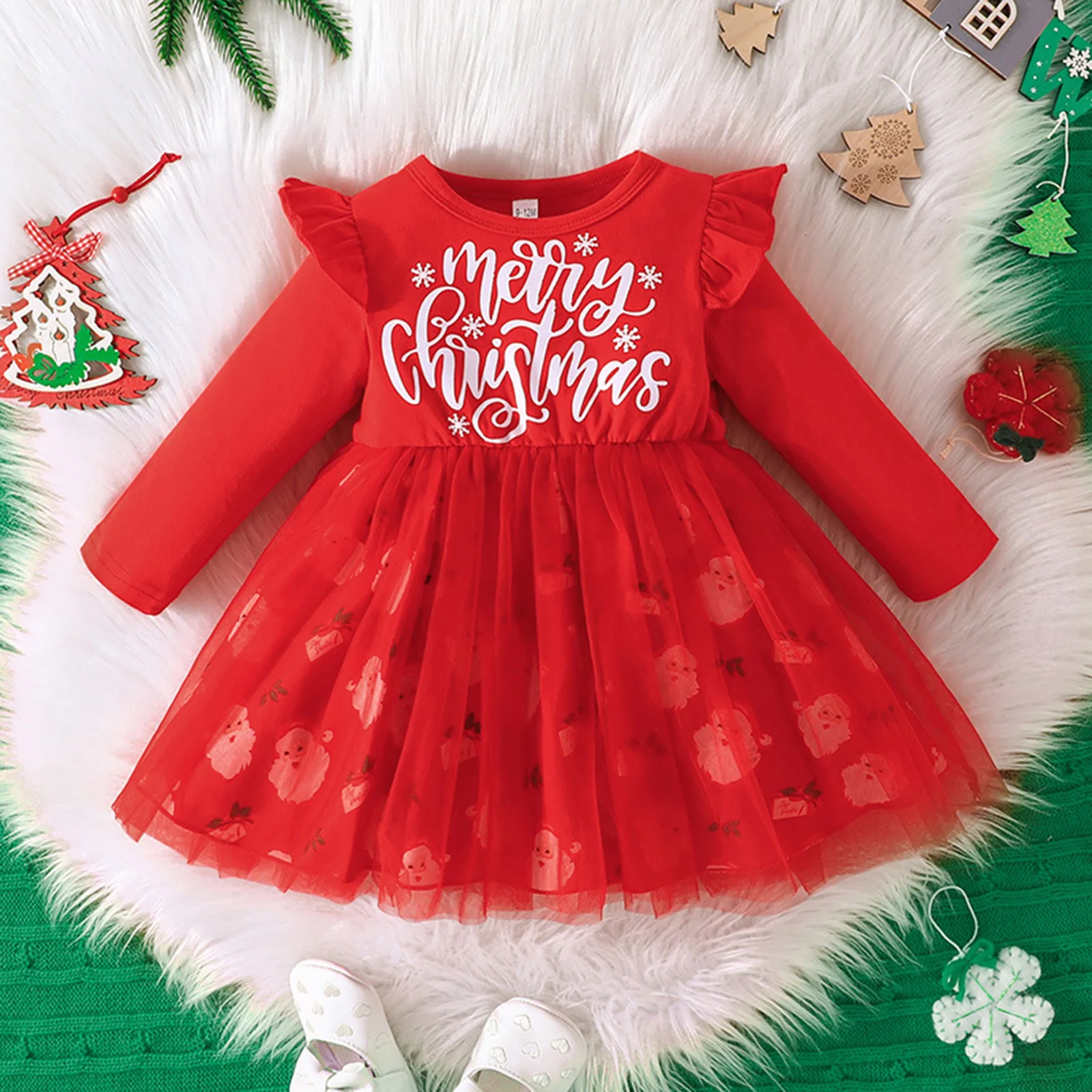 

Baby Girls Cotton Christmas Dress Soft Warm Flutter Long Sleeve Merry Christmas Print A-line Mesh Dresses Xmas Holiday Costumes