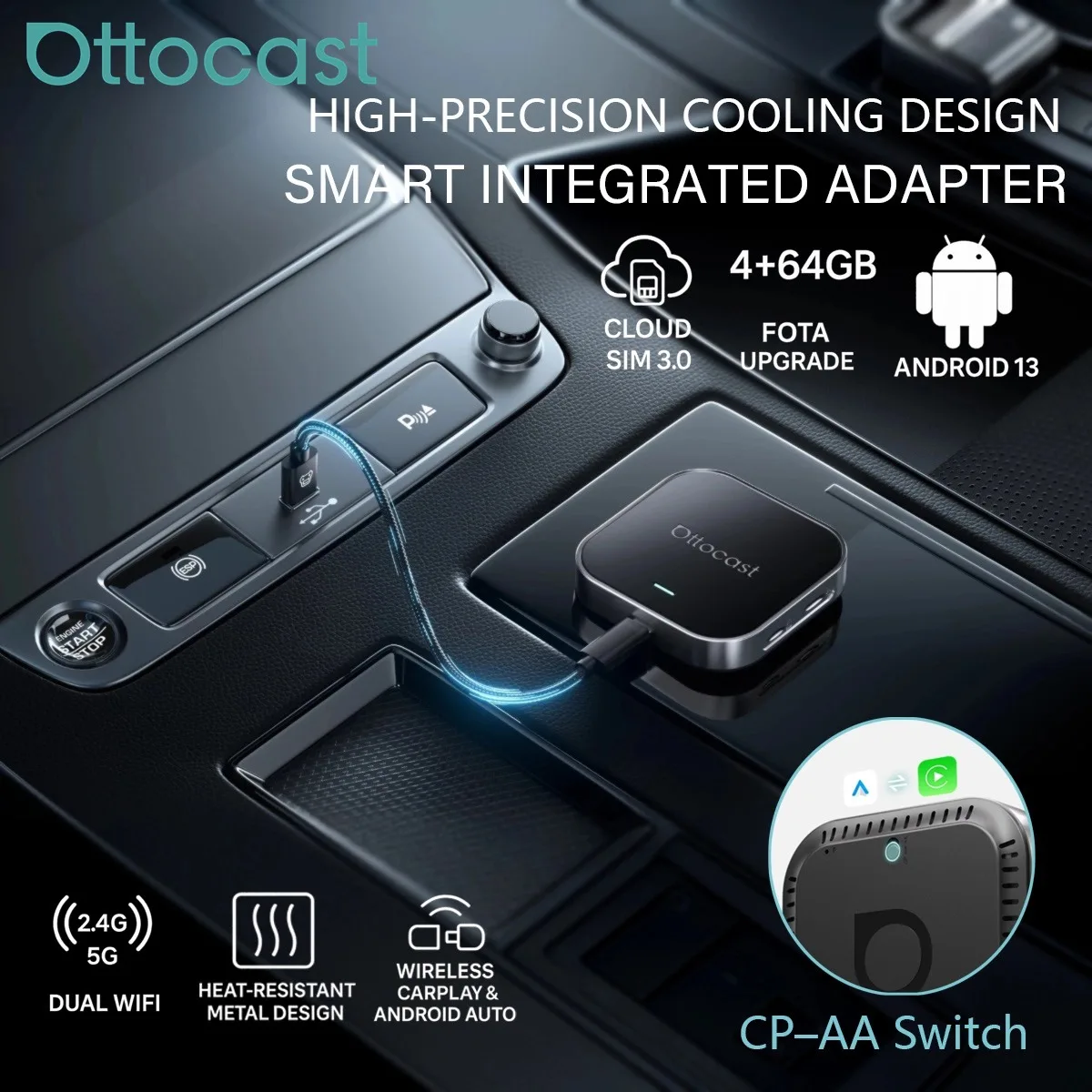 Ottocast E2 AI Box Wireless CarPlay Android Auto Adapter Android