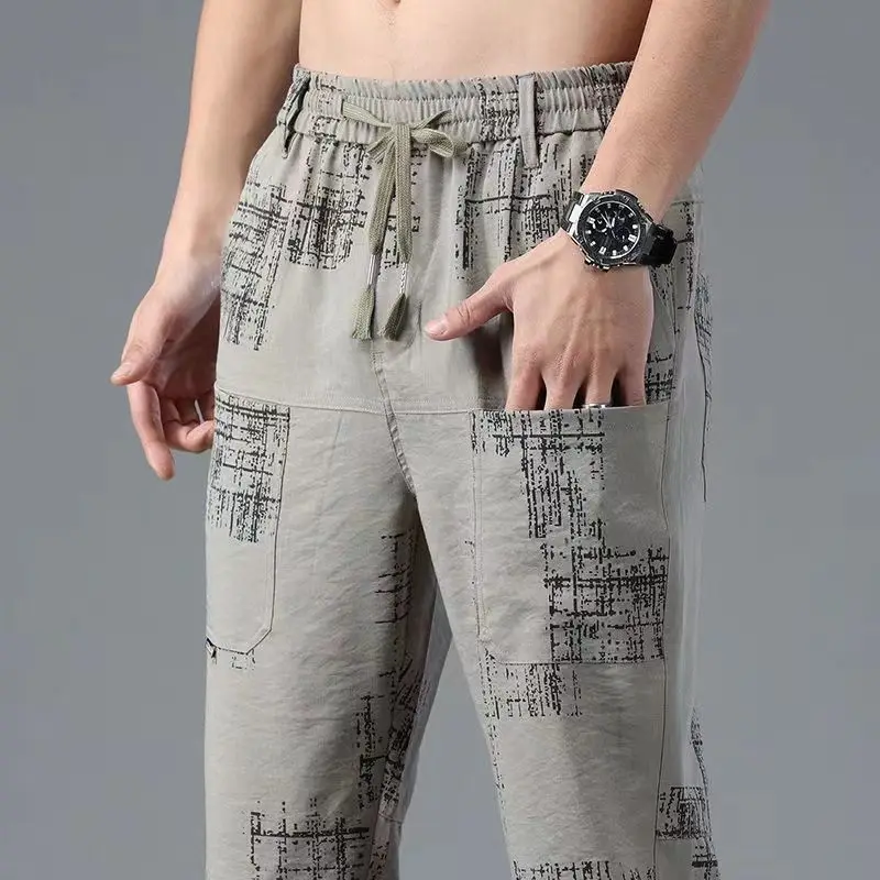 Summer Breathable Fashion Print Ice Silk Loose Cropped Pants Men's Elastic Waist Drawstring Pocket Loose Thin Straight Trousers