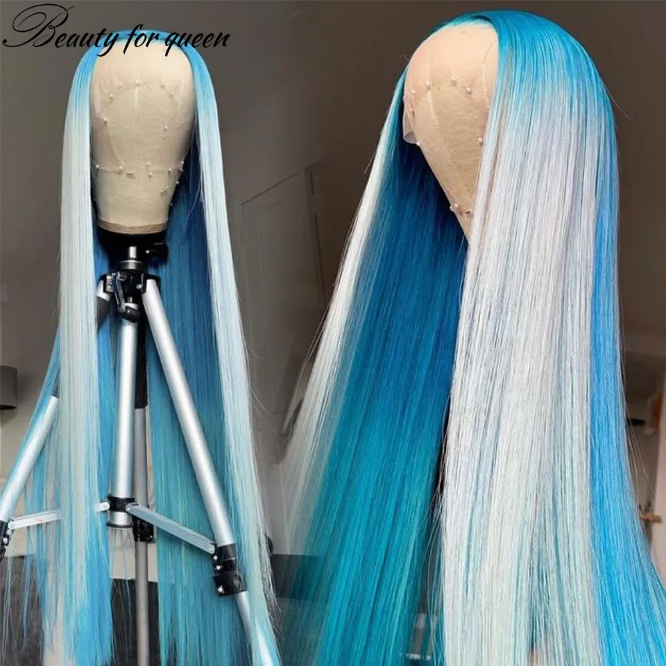 For Women Blue 150Density Brazilian Pre Plucked Transparent Lace Frontal Wigs Beauty Ombre Straight Lace Front Human Hair Wigs - Image 3