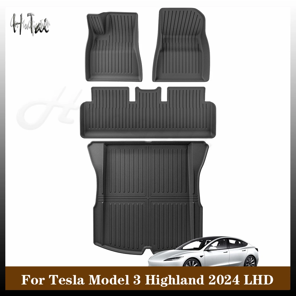 

3D Waterproof Car Floor Mats for Tesla Model 3 Highland 2024 Left Hand Driver TPE All Weather Cargo Liners Trunk Up Mat Full Set