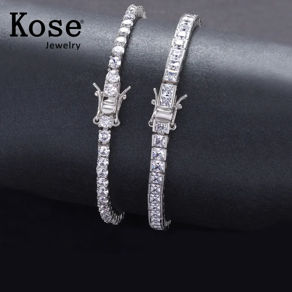 

KOSE 3mm Tennis Bracelet Genuine 925 Sterling Silver Round Square CZ Cubic Zircon Jewelry Women Men's Bracelet Birthday Gift