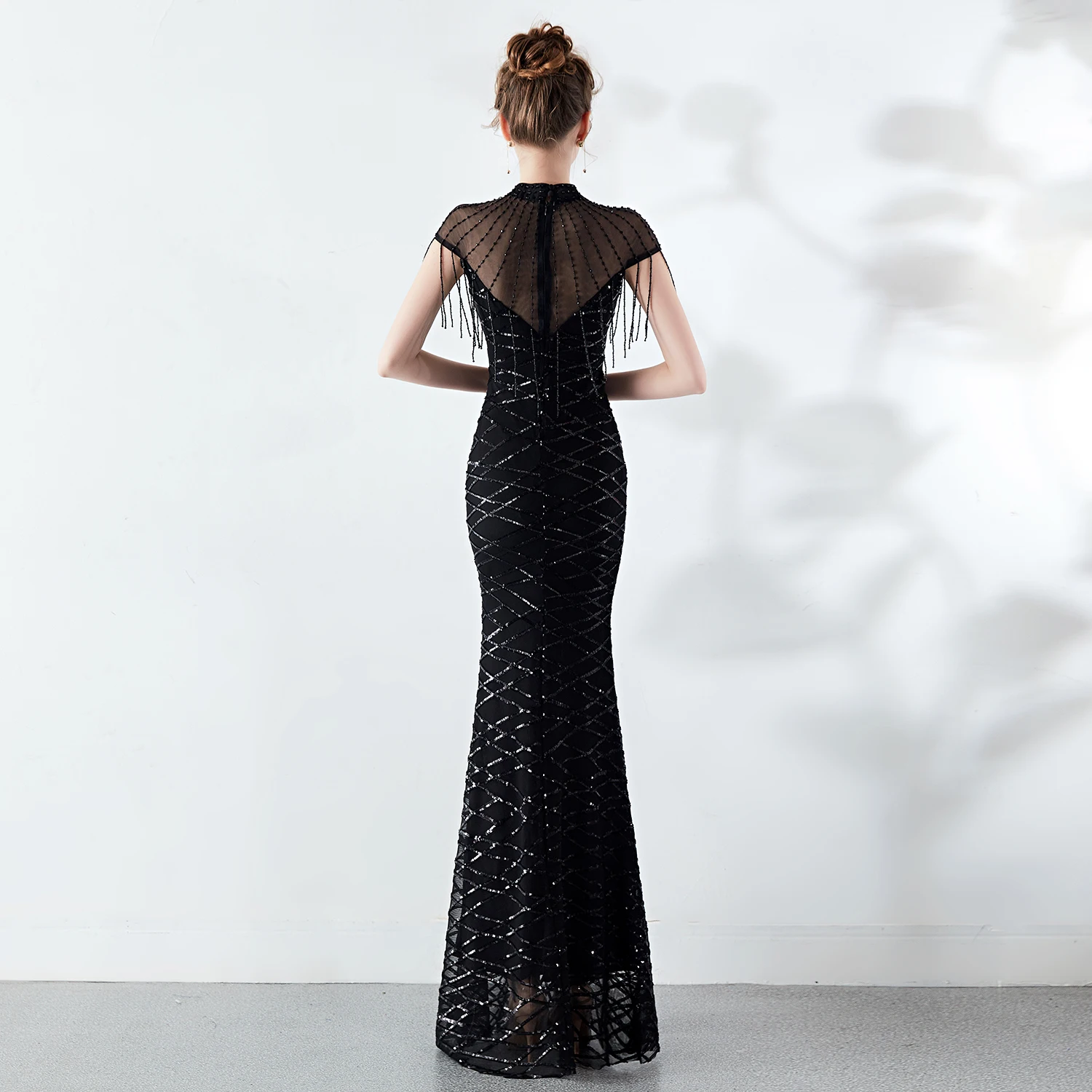 Women Crewneck Beaded Cap Sleeve Slim Fit Solid Mermaid Maxi Dress Formal Party Dress Evening Gown